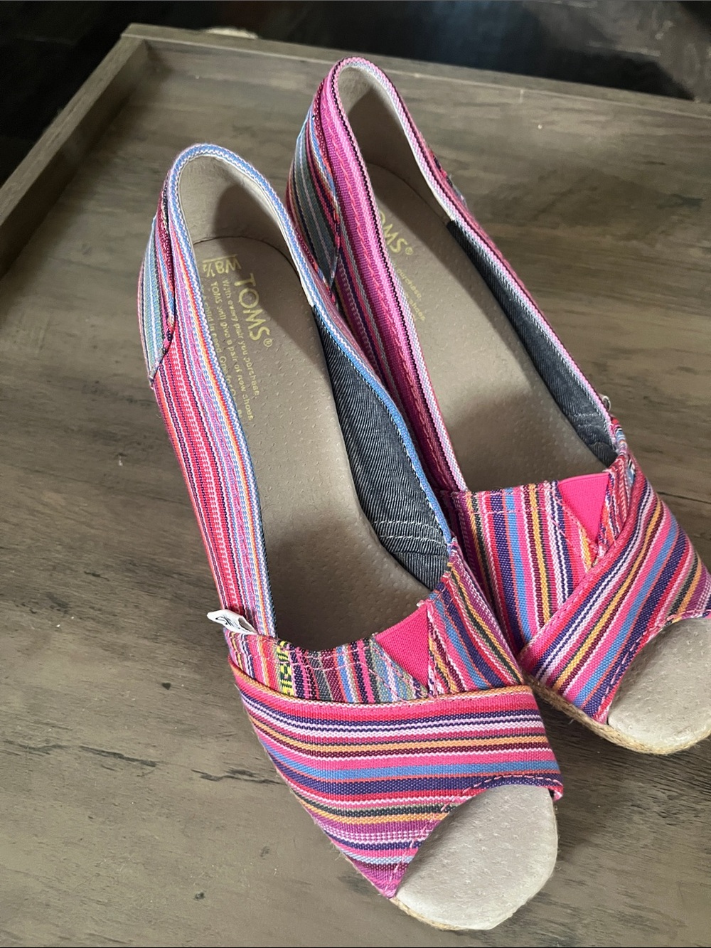 Toms Pink Multi-Stripe Peep-Toe Wedge Espadrilles